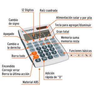 Calculadora de 12 dígitos, Solar y Batería 15cm. Truper 60481 c Calculadora de 12 dígitos, Solar y Batería 19cm. Truper 60482