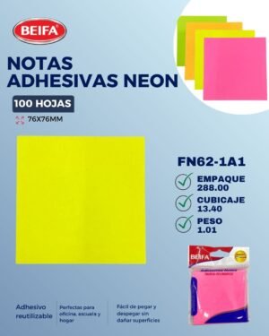 Notas adhesivas neon 3"x3" Beifa FN62-1A1