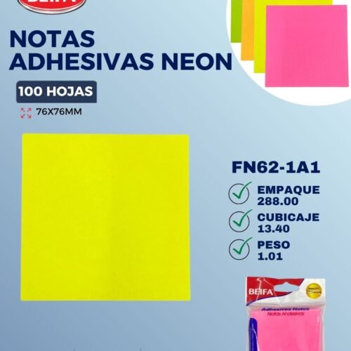 FN62-1A1 Notas adhesivas neon 3"x3" Beifa FN62-1A1